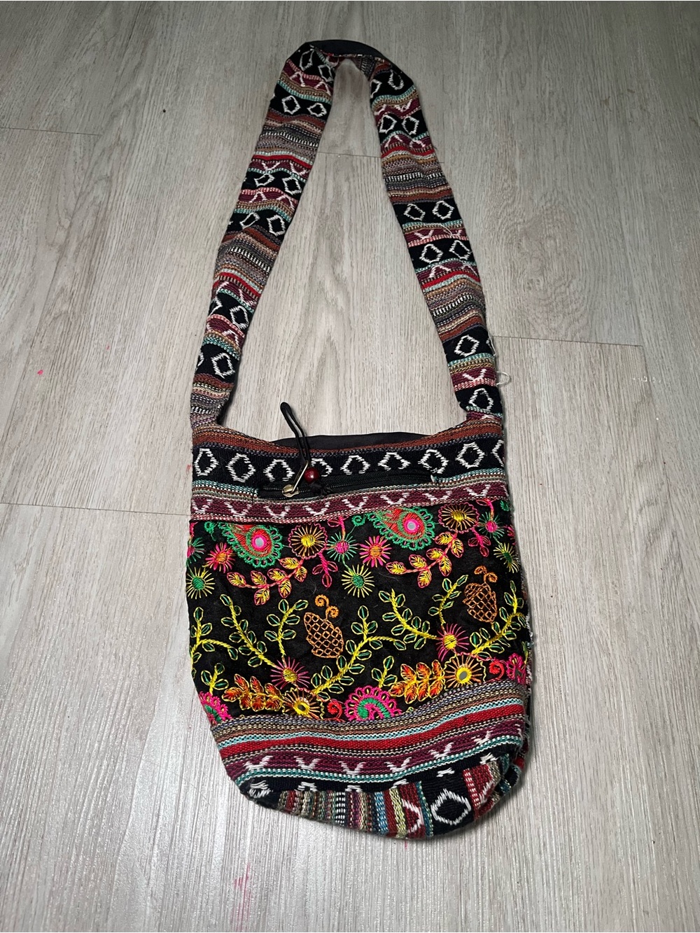 Boho Cotton Indian Embroidered Crossbody Shoulder Bag - Black Multicolor